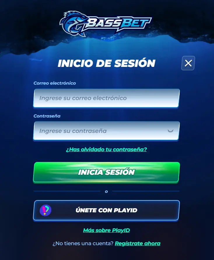 Ventana de inicio de sesión de BassBet con correo electrónico y contraseña